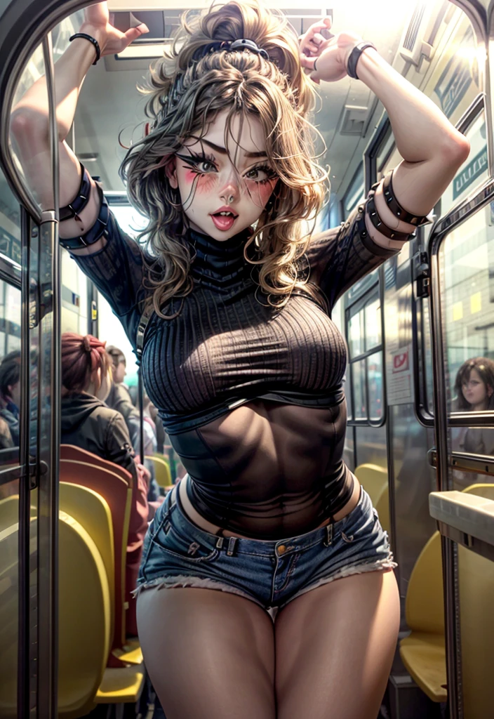 realisticlying、The main street of Bern, Switzerland, Riding the tram and looking out the window、21 year old girl、Wearing a tight-fitting turtleneck sweater、Denim shorts、Emphasis on buttocks and thighs、Sexy Posing、Hair short wavy hair