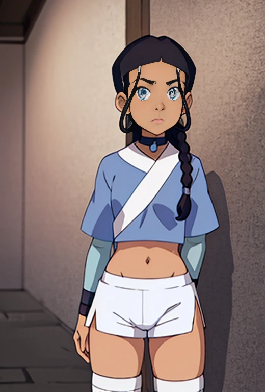 masterpiece, best quality, 1girl, katara, toned, dark skin, braid, jewelry, looking at viewer innocently, white crop top, white shorts, thigh high socks, white sneakers, sunshine (blue eyes:0.6)