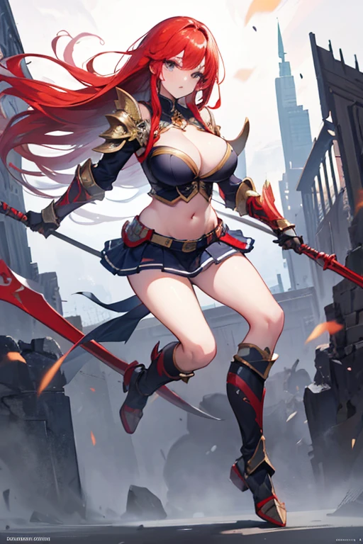 Masterpiece, Top Quality, Very Beautiful Girl, Beautiful Face and Eyes, Beautiful Hair, Solo, 1 Woman, Full Body Drawing, Dynamic Angle, (Armor: 1), Red Hair, Long Hair, Navel Out, Skirt, Battle Axe, Perfect Bust, Taut Breasts, Amazing Bust, Huge Breasts, Tall