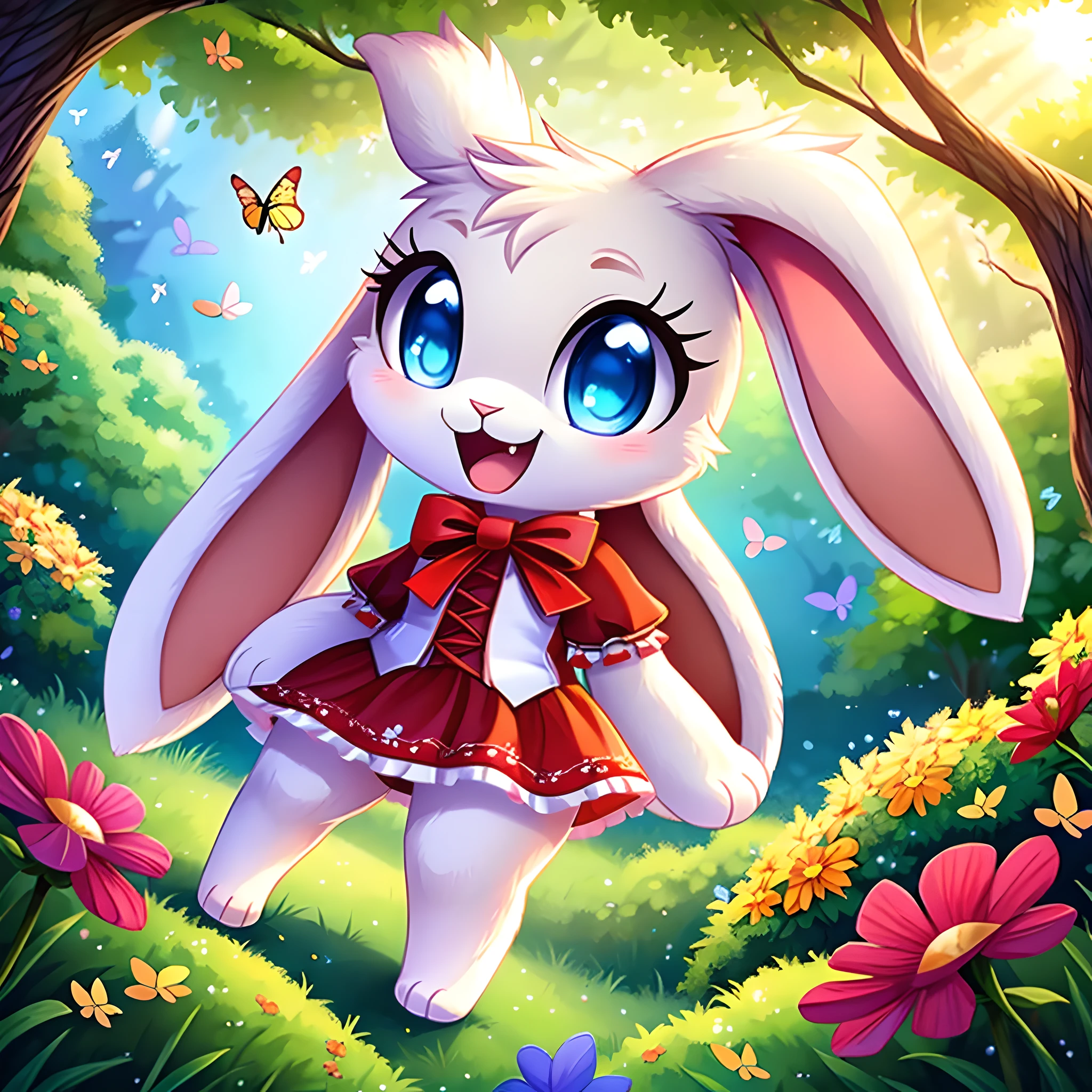 zoomed out image, ((solo character)), cute style art, fantasy style art, cute, adorable, short character, small, tiny little fluffy female white bunny with blue eyes, 4 ears, 2 extra ears, big floppy ears, long ears, ears perked up, raised ears, long eyelashes, poofy rabbit tail, wearing a red frilly ribbon dress, smiling, standing in a colorful fantasy forest, soft tones, big expressive smile, open mouth, wide eyes, excited eyes, excited face, stunning visuals, thick woods, dense forest, flowers scattered in the bushes, butterflies in the air, digital illustration