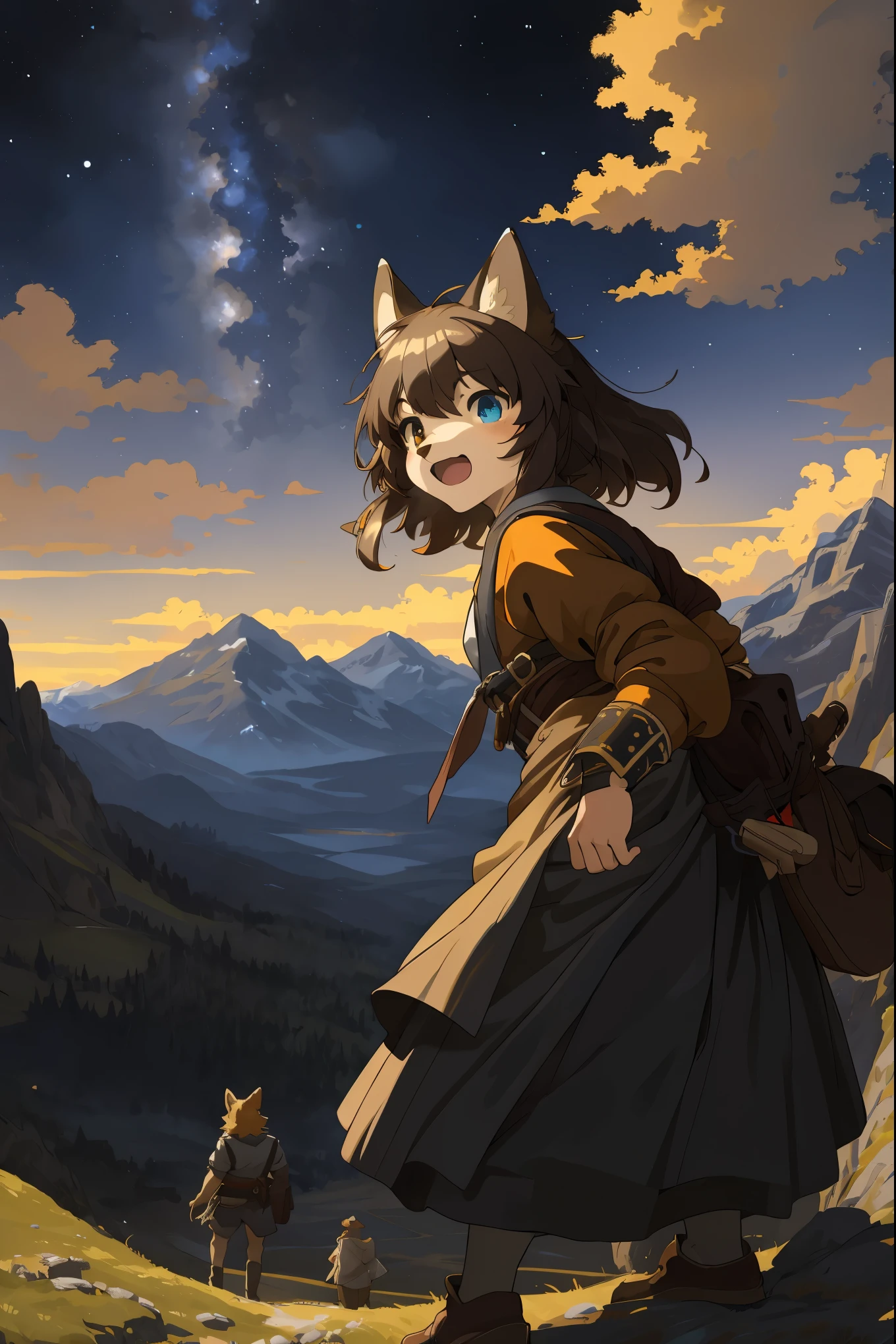 cover page, highres, top quality, best quality, paid reward available, unparalleled masterpiece, perfect artwork, absurdres, High-quality illustrations by John William Waterhouse, by Johannes Vermeer, super high resolution, detailed background, Characters undergoing physical and psychological transformations, confronting bizarre entities within the mountains, A scene featuring a vast expanse of starry sky in the distance, hinting at the unknown mysteries the mountains hold, 6+boys, 6+girls, absurdres(highly detailed beautiful face and eyes)perfect anatomy, expression, good lighting, cinematic shadow(kemono, furry anthro)assorted poses, dynamic angle,
