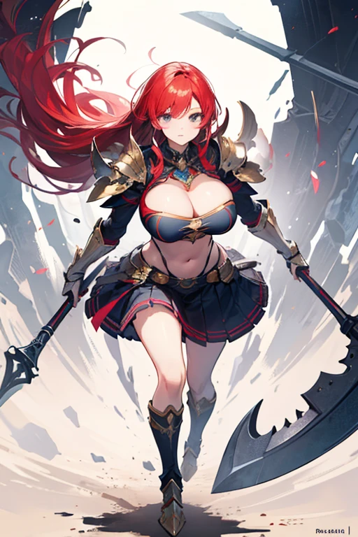 Masterpiece, Top Quality, Very Beautiful Girl, Beautiful Face and Eyes, Beautiful Hair, Solo, 1 Woman, Full Body Drawing, Dynamic Angle, (Armor: 1), Red Hair, Long Hair, Navel Out, Skirt, Battle Axe, Perfect Bust, Taut Breasts, Amazing Bust, Huge Breasts, Tall