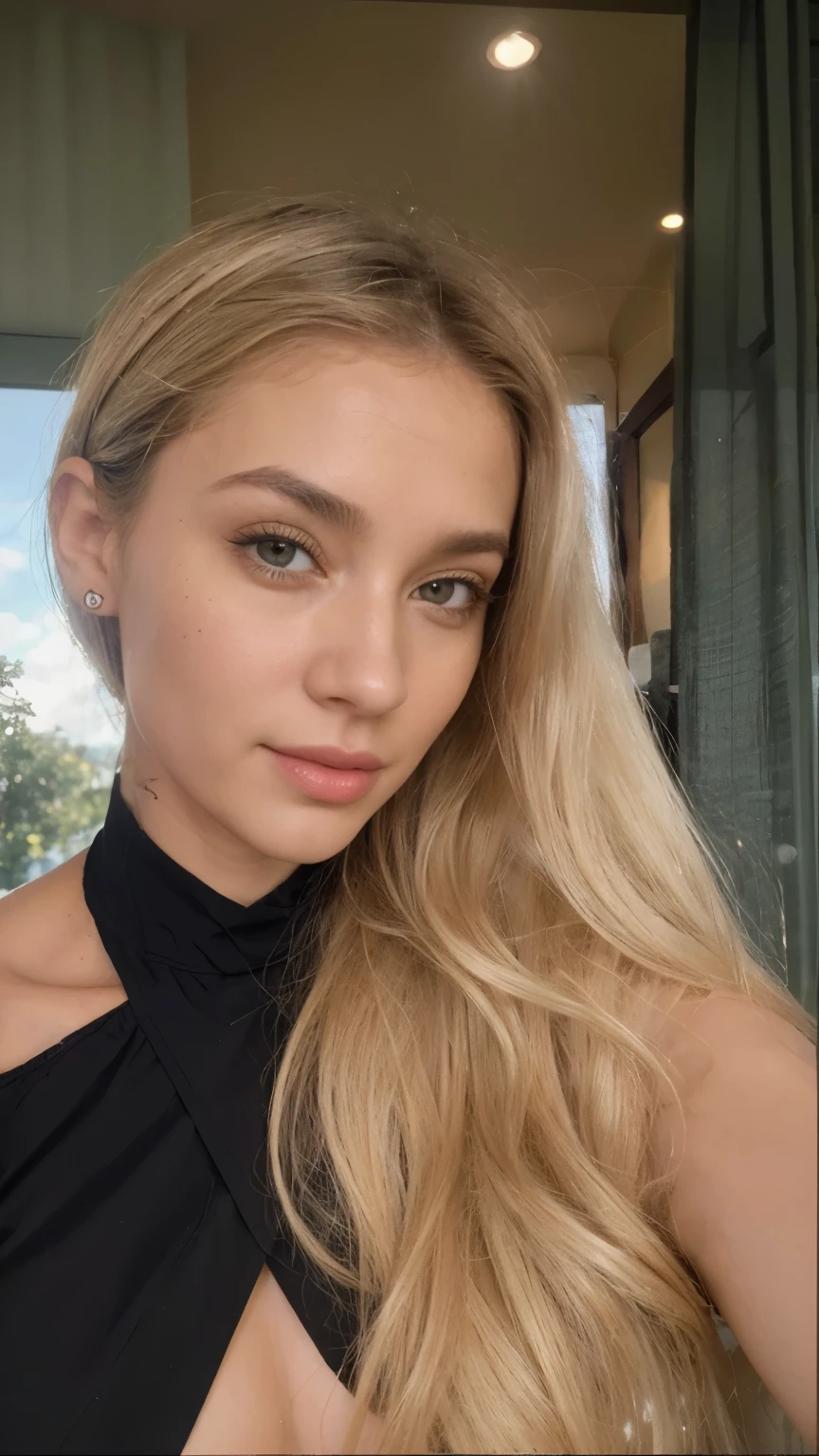 A 23-year-old blonde woman, ((pechos grandes)), ((hiperrealismo)) ,. blonde hair with light brown roots. cabello rubio, Hair with brown roots, cabello extra largo, cabello muy largo, really long hair, Beautiful, Front view, selfie, photo taken with iPhone, elegant black shirt with escote, escotada, selfie in the garden, high quality, selfie iPhone, cleavage