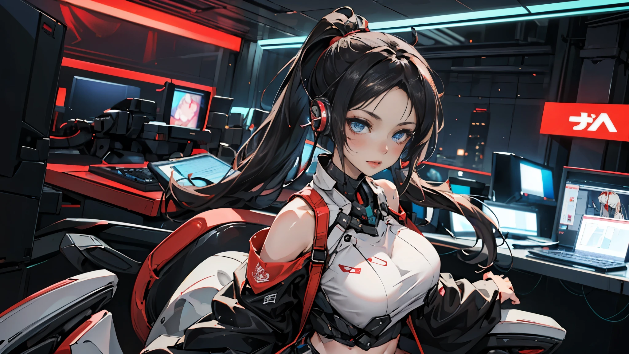 ((anime art style)), (pixiv:1.3), 1 girl, (((solo)))
BREAK,
((1girl)),
BREAK,
(masterpiece, best quality, glowing light, glistening, shiny skin, ultra detailed, detailed background, complex background),
BREAK,
(highres, beautiful and aesthetic),
BREAK,
(perfect face, detailed face, detailed eyes, perfect hands, perfect fingers, bishoujo:1.2),
(BREAK, beautiful face, perfect skin, fine detailed hair, highly intricate face, long hair:1.5),
BREAK,
Lotan beautiful caucasian woman with straight long black hair, blue eyes, very long hair, fair skin and dragon horns on the head.
BREAK,
(plaid skirt, miniskirt, crop top overhang, bare shoulders, zettai ryouiki, sneakers, headphones),
BREAK,
(blush:0.5, looking at viewer, happy, sitting),
BREAK,
(bedroom, night, computer desk, cyberpunk, neon lights, gamer chair, computer screen, particle effects, ray tracing, cinematic light),
BREAK,
(voluptious, huge breasts:1.1, 22 years old:1.5, black hair:1.4, straight hair, ponytail, (very long hair:1.3), collarbone, midriff, eyeliner:1.3)