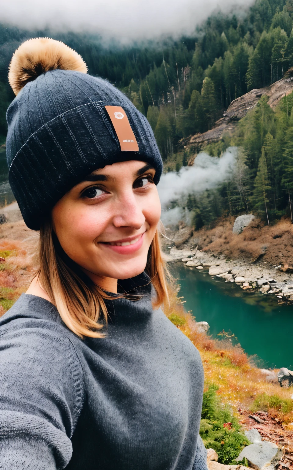 photograph, photo of beautiful woman, selfie, upper body, solo, wearing pullover, outdoors, (night), mountains, real life nature, stars, moon, cheerful, happy, gloves, sweater, beanie, forest, rocks, river, wood, smoke, fog, looking at viewer, skin texture, photo grain, close up, RAW photo