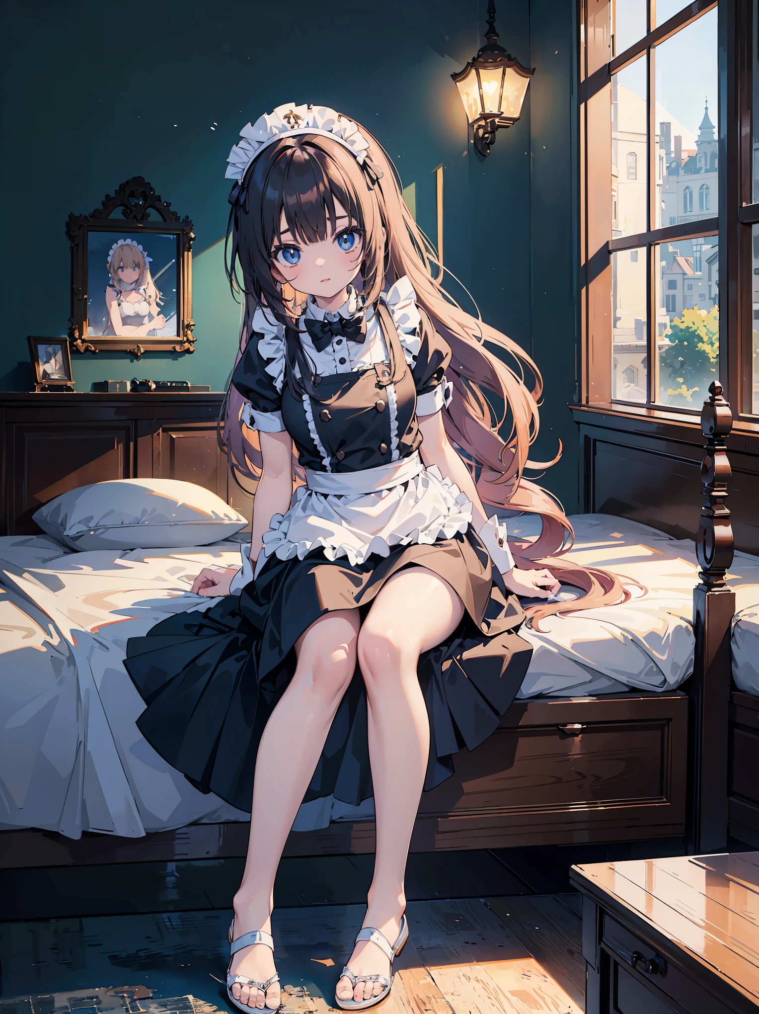 Masterpiece, ((Highest quality)), Female, ((Solo)), Female in her 20s, ((Babes)), ((Head to toe)), ((Full body)), ((Maid)), ((Female) Servant)), ((Small room in a big mansion)),((Sitting on the bed)),((It's been a long time)),((Rest day)),((Free time)),((A big mansion) Focus on the maid babes who are having fun on their day off in their small room)), ((Anime face)), Ultra high-definition 8K CG wallpaper, ultra high resolution/high definition 8K CG wallpaper, ultra high definition/high definition CG integrated 8K wallpaper, ((noise clear)),