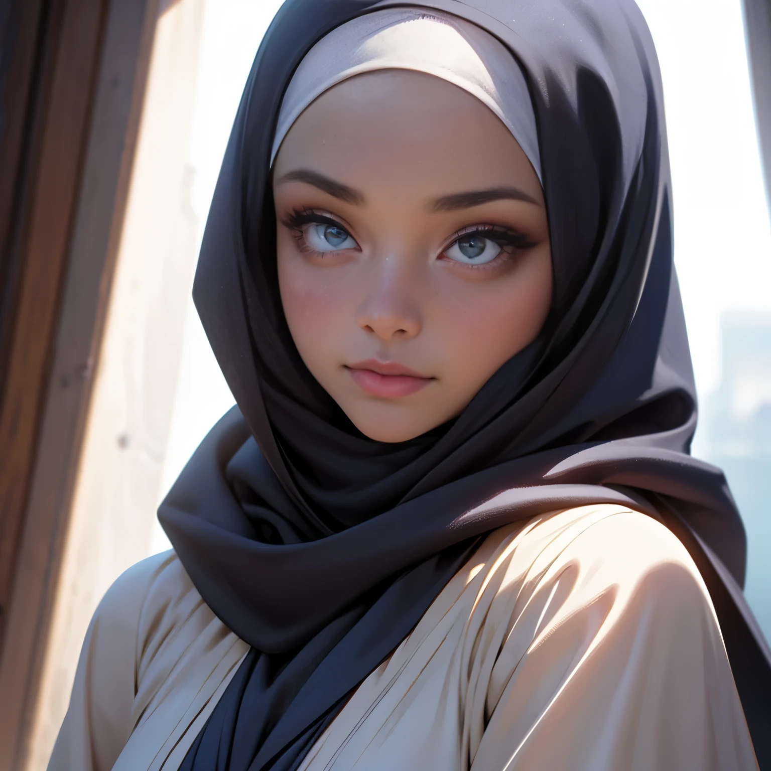 3dmm style, Masterpiece, best quality, photography, detailed skin, realistic, photo-realistic, 3D Character Design, pixar, real cartoon, 8k, highly detailed, full length frame, High detail RAW color art, diffused soft lighting, shallow depth of field, sharp focus, hyperrealism, cinematic lighting, ((close up)) hijab, a woman, beautifully makeup, brown beautiful big eyes, long eye lashes, wearing proper (Dark blue satin hijab), loosely tide hijab style, ((gray satin kaftan dress))