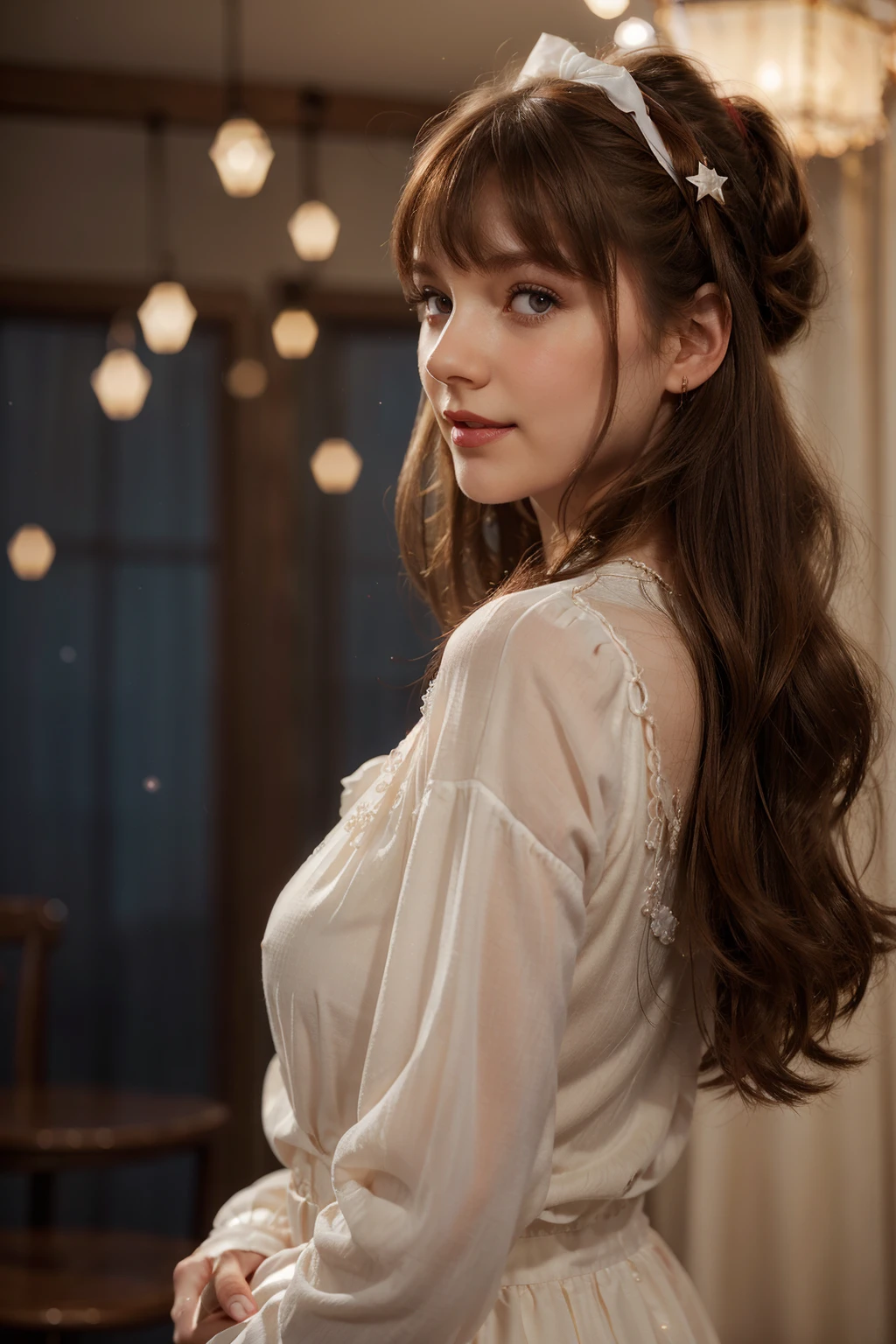 (extremely delicate and beautiful: 1.2), 1girl, bangs, blue eyes, blur, blur background, bow, brown hair, shut up, side view, hair between eyes, hair bow, lantern, light particles, long sleeves, look looking at audience, medium hair, night, red bow, solo, stars(symbol), upper body, smile, red lips