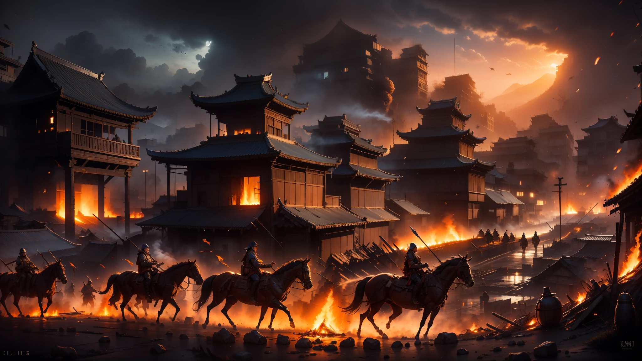 masterpiece，best quality，multiple persons，Soldier，Rios，night，bonfire，spear，knife，arms，，banner，horses，smoke，a burning city，flame，Burning and smoking building，Monte，lake，karo，Attack the city，kill，Apocalyptic style，Dark sky