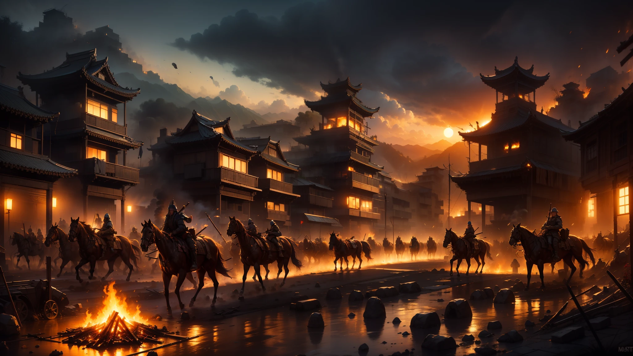 masterpiece，best quality，multiple persons，Soldier，Rios，night，bonfire，spear，knife，arms，，banner，horses，smoke，a burning city，flame，Burning and smoking building，Monte，lake，karo，Attack the city，kill，Apocalyptic style，Dark sky