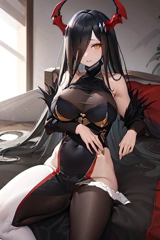 masterpiece, best quality, best quality, extremely detailed, absurdres, black hair, friedrich der grosse \(azur lane\), hair over one eye, horns, large breasts, long hair, straight hair, yellow eyes