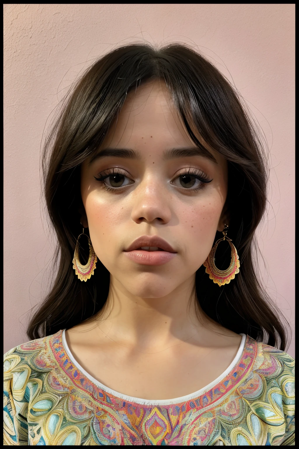 (JennaOrtega, bigfaketits, obra de arte, maximum quality, melhor qualidade, arte oficial, beautiful and aesthetic:1.2), (1 garota:1.3), extremamente detalhado,(arte fractal:1.1),(colorida:1.1)(Flores:1.3),mais detalhado,(Zentangle:1.2), corpo todo, (fundo abstrato:1.3), (pele brilhante), (muitas cores:1.4), ,(brincos), (penas:1.5),