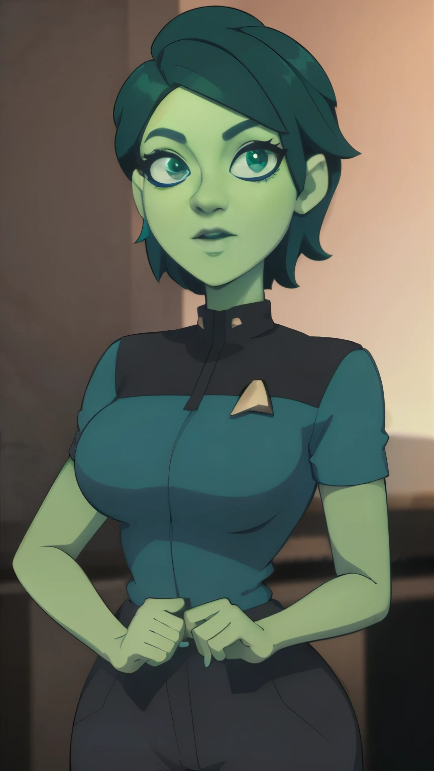 photo of Tendi, Orion from star trek, RAW, beautiful woman, ((portrait)), ((detailed face, anime eyes, anime mouth, anime nose:1.2)), (short shaved dark forest green hair:1.3), ((detailed facial features, detailed vibrant green skin, emerald green skin skin:1.5), (perfect proportioned body), (wearing a Starfleet uniform) (high detailed city environment, apartment balcony), (realistic photo, best quality, detailed), (8k wallpaper), (cinematic lighting, dramatic lighting) (sharp focus, intricate)