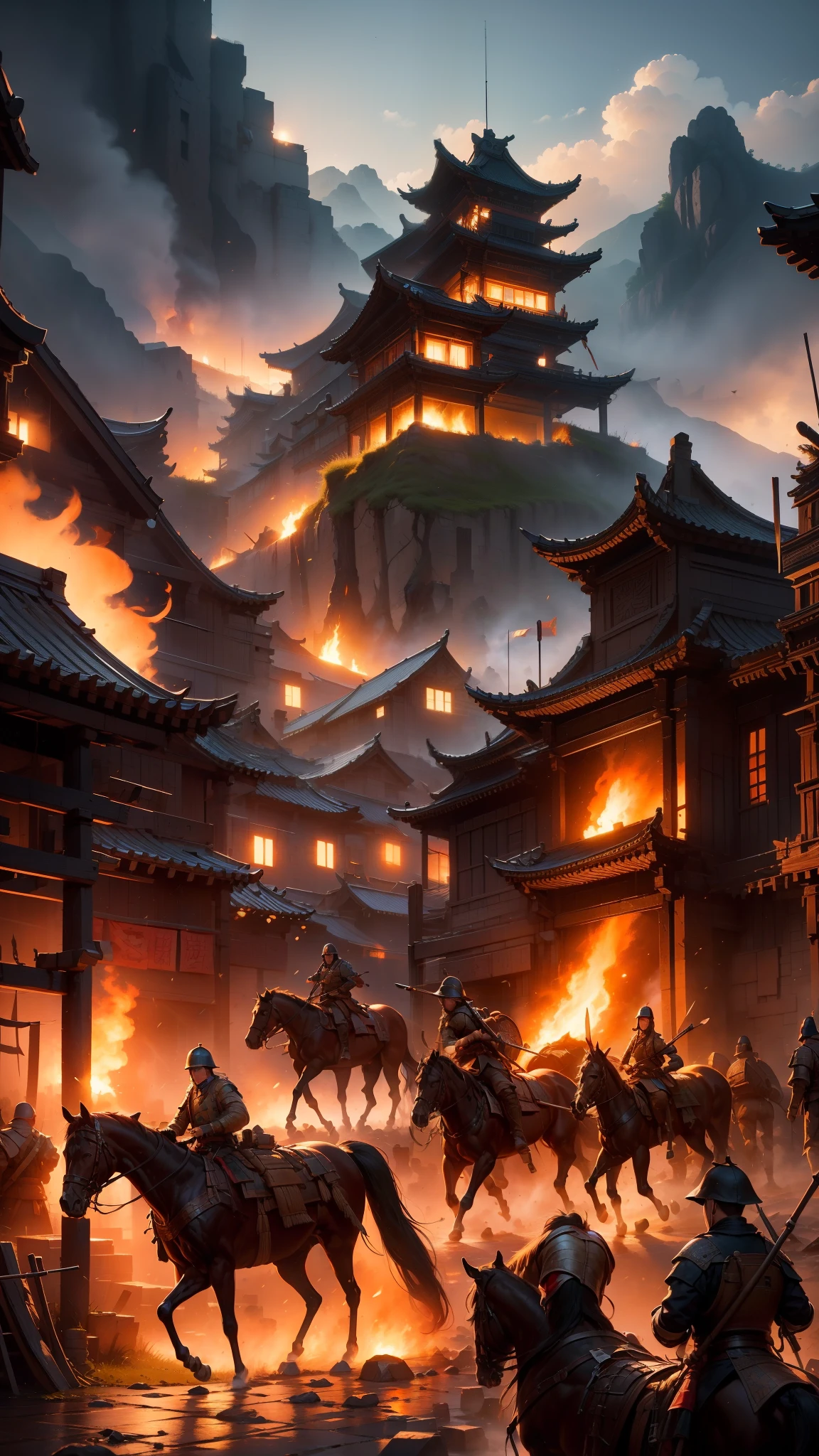 masterpiece，best quality，multiple persons，Soldier，Rios，night，bonfire，spear，knife，arms，，banner，horses，smoke，a burning city，flame，Burning and smoking building，Monte，lake