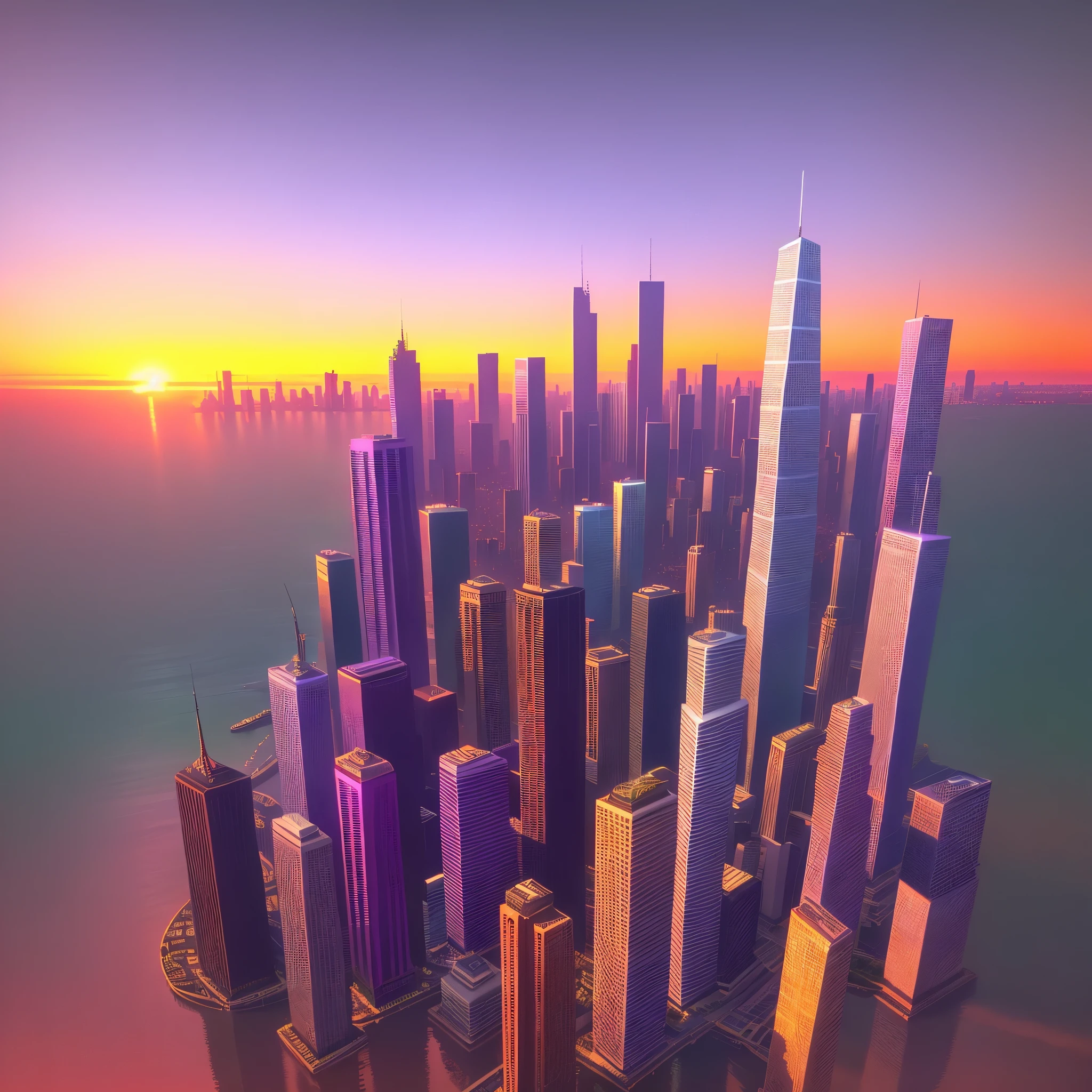 Most beautiful sunset in the city. A lot of tall skyscrapers and buildings with a reflection of the Sun and the sky. Beautiful surreal colors, a lot of details, purple sky, Vice City vibe, 8k, ultra-realistic, best quality
