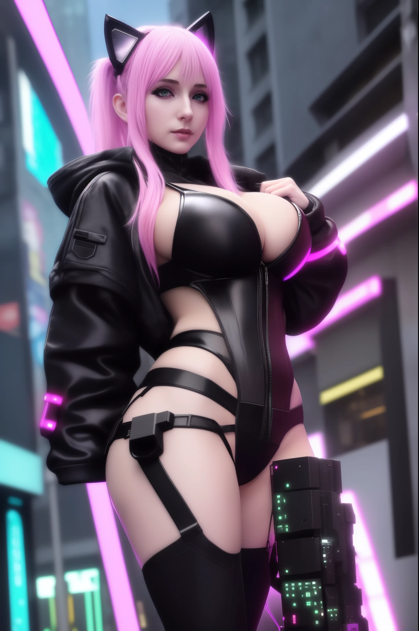 Alaf in black and pink costume posing for photo,((huge tit)), (cameltoe), an oppai cyberpunk, female cyberpunk anime girl, cyberpunk 2 0 y. o Model girl, Cyberpunk Anime Girl, dreamy cyberpunk girl, in the cyberpunk city, Cyberpunk Girl, bright cyberpunk glow, cyberpunk beautiful girl, cat ears, In a cyber-punk style, cyberpunk anime girl in hoodie, hyper-realistic cyberpunk style, at a cyberpunk city