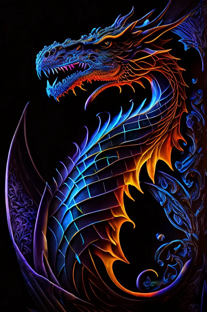 mysterious dragon, Black light painting, Arabesque background, HD