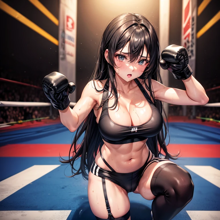 individual，girl，Boxing practice，boxing gloves，Knee socks，Black breast patch，sexy，Big breasts，cleavage，ring，8k，Super detailed，high quality，emaciated，sweating，long black hair