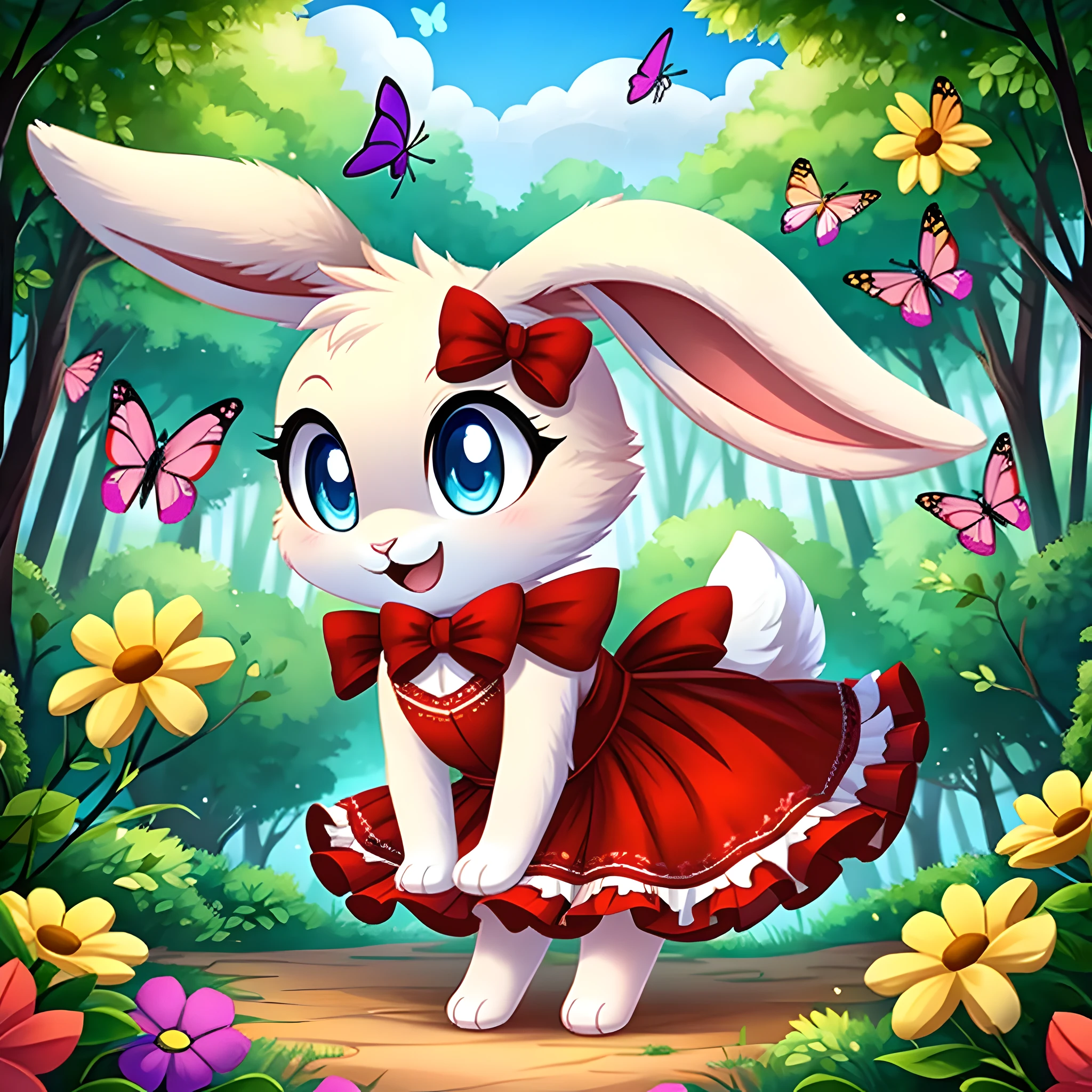 zoomed out image, ((solo character)), cute style art, fantasy style art, cute, adorable, short character, small, tiny little fluffy female white bunny with blue eyes, 4 ears, 2 extra ears, big floppy ears, long ears, ears perked up, raised ears, long eyelashes, poofy rabbit tail, wearing a red frilly ribbon dress, smiling, standing in a colorful fantasy forest, soft tones, big expressive smile, open mouth, wide eyes, excited eyes, excited face, stunning visuals, thick woods, dense forest, flowers scattered in the bushes, butterflies in the air, digital illustration