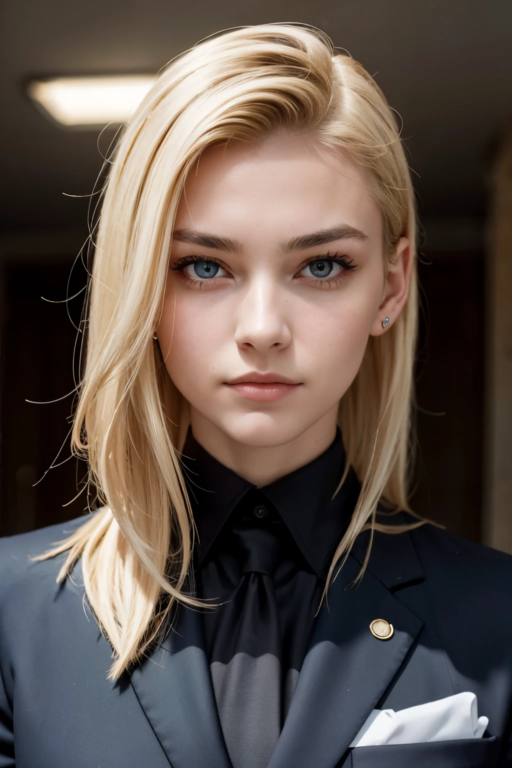 portrait of european girl,solo,20yo,beautiful face,uppser body,hair over one eye,medium sidecut, blonde hair, sharp focus,black business suit