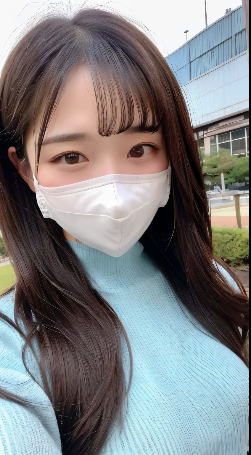 long beautiful hair、white mask、arafed woman wearing a face mask、(highest quality、High resolution、masterpiece:1.3)、tall and cute woman、thin abs、Loose wavy dark brown hair、Long sleeve dresses、(The city of Fukuoka Tenjin in the background)、Precisely expresses details such as face and skin texture、Big eyes、double eyelid、K-pop