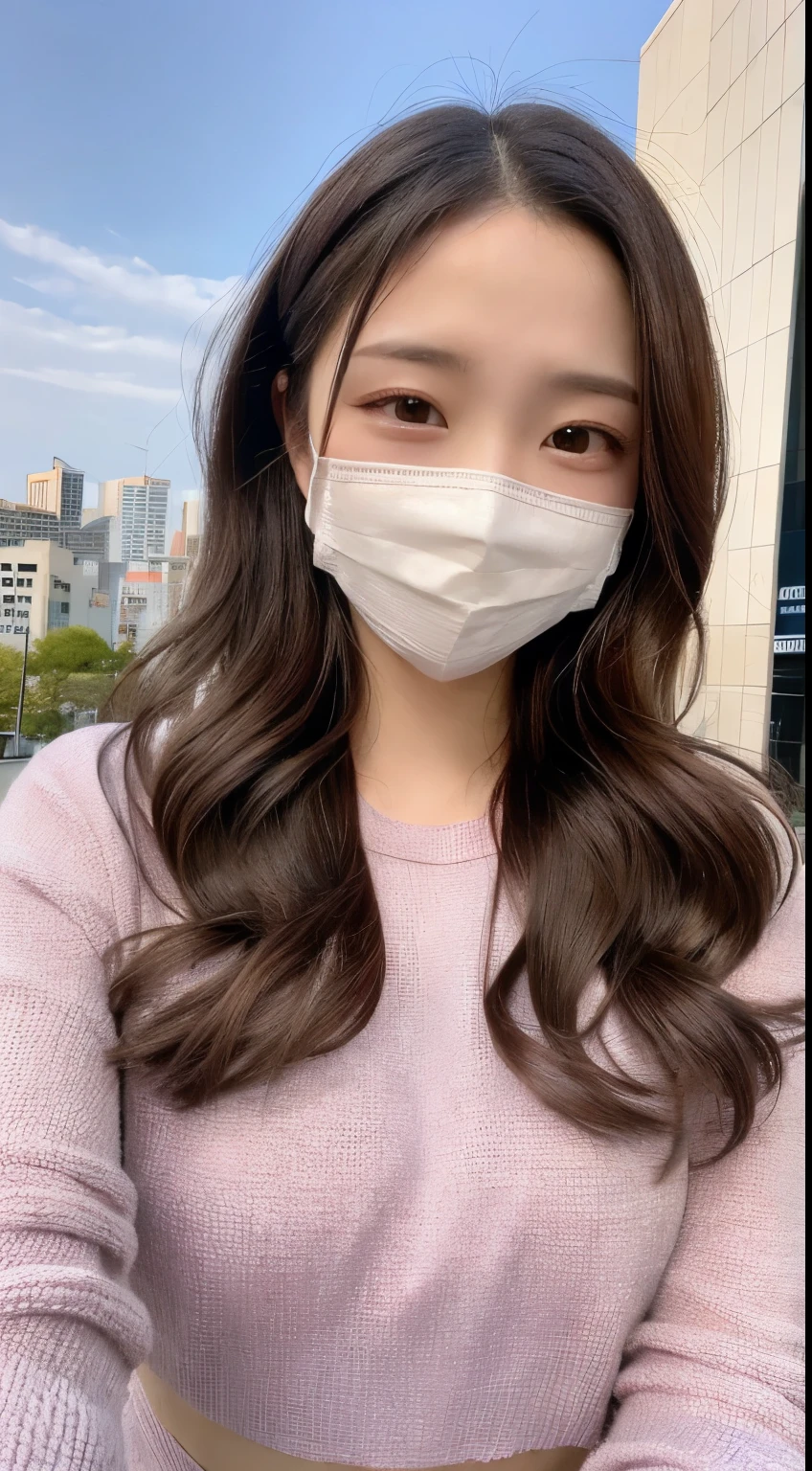 long beautiful hair、white mask、arafed woman wearing a face mask、(highest quality、High resolution、masterpiece:1.3)、tall and cute woman、thin abs、Loose wavy dark brown hair、Long sleeve dresses、(The city of Fukuoka Tenjin in the background)、Precisely expresses details such as face and skin texture、Big eyes、double eyelid、K-pop