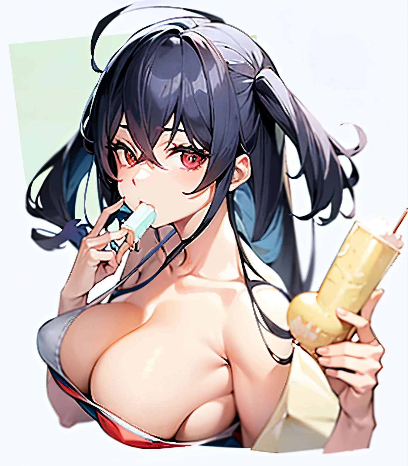 anime girl with big breast holding a popsicle and a small sorvete, Oppai, estilo de arte anime moe, tomando sorvete, is wearing a swimsuit, sorvete, eating sorvete, garota anime sedutora, kill la kill illustration, small and curvy, , kantai collection style, grosso, shikami