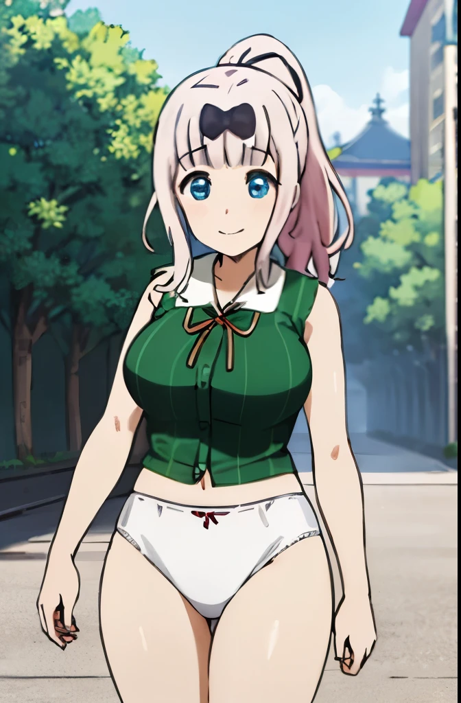 best quality, (masterpiece:1.2), detailed, fujiwara chika (kaguya-sama), 1girl, solo, closed mouth, smile, pink hair, blue eyes, ponytail, ribbon, sleeveless shirt, green shirt, standing, looking at the viewer, outdoors, (detailed white panties:1.2)