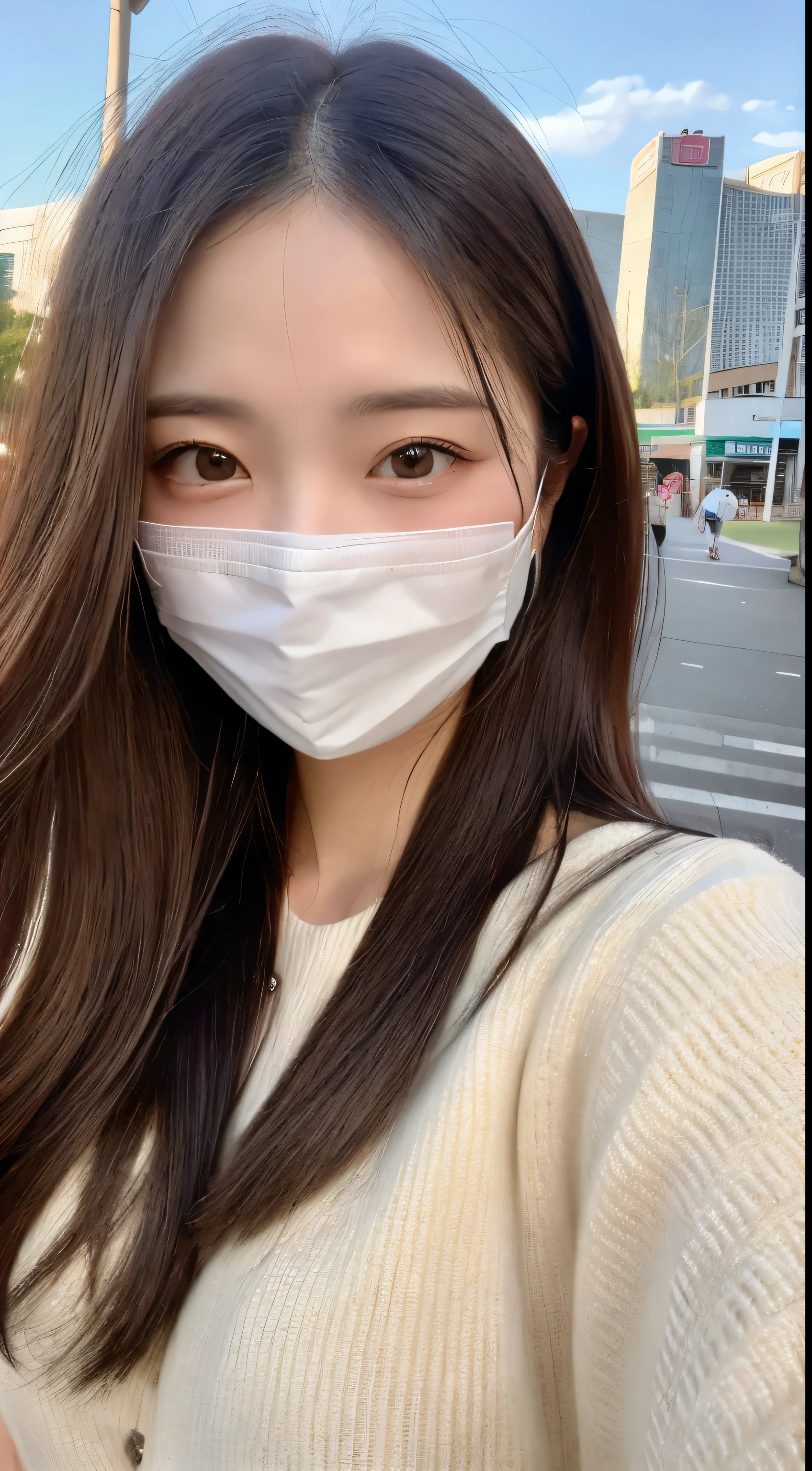 long and beautiful hair、White mask、Arafe woman wearing a face mask、(highest quality、High resolution、masterpiece:1.3)、tall and cute woman、thin abs、Loose wavy dark brown hair、Long sleeve dresses、(With the city of Fukuoka Tenjin in the background)、Accurately express details such as faces and skin textures、Big eyes、double eyelid、K-pop