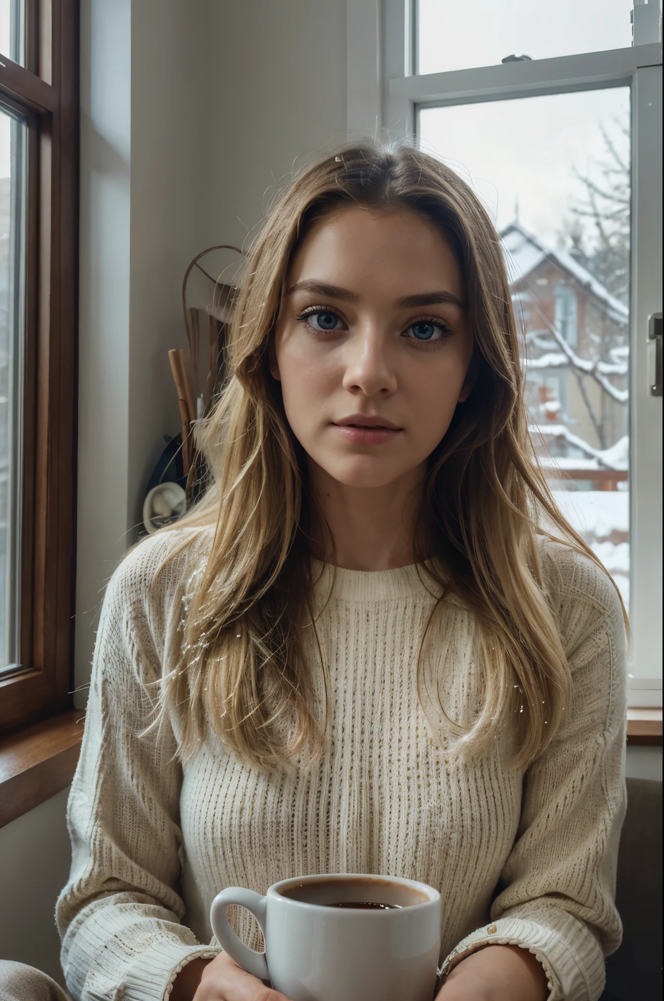 RAW, selfie photograph,((best quality)), ((masterpiece)), ((realistic)), gorgeous european woman wearing warm wool sweater, 24 year old, (long blonde hair), blue eyes, inside next to window, winter outside, snowing outside, indoor sitting with coffee, hot cup of coffee, detailed photograph, innocent, (freckles:0.6), intricate details, highly detailed, sharp focus, professional, 4k, god rays, stunning blue eyes, , delicate, innocent, highres, detailed facial features, high detail, sharp focus, smooth, aesthetic, extremely detailed, photo_\(ultra\), photorealistic, realistic, post-processing, max detail, roughness, real life, ultra realistic, photorealism, photography, 8k uhd, photography, SEMI-SILHOUETTE light, european face