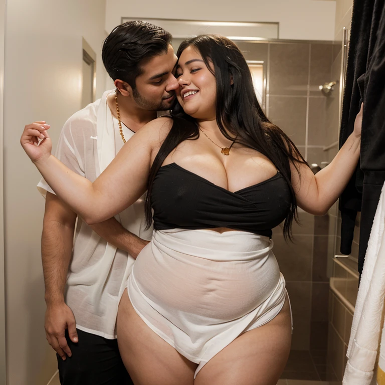 Chubby fat bbw nerdy latina young woman (20 years old), chubby belly, long straight black hair, wrapped with white towel, Golden necklace,man hugging from behind, romantic kissing, passion Kiss, smiley expression,with several tall men, 4 handsome  men,in small apartament bathroom, full body picture, view from the side