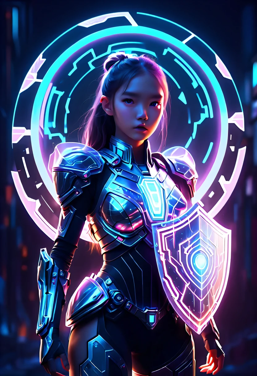 Medieval knight holding large shield，cyberpunk，Holographic projection，fault art，mechanical aesthetics，neon lights，laser light，fluorescence，glow effect，liquid metal，Copper plate engraving，Unreal Engine