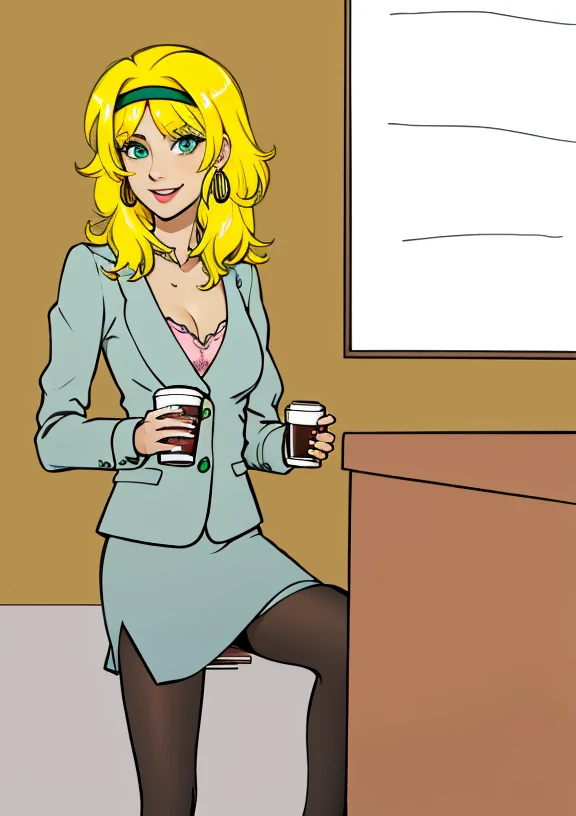 a woman office lady sitting at a desk with a cup of coffee, sitting on a chair in front of a desk, girl drinks energy drink, in an office, blonde woman with green headband, silver earrings, pink bras, revealing cleavage, skirt, black pantyhoses, evil smile, one hand on the desk, one hand holding drink, green eyes, almond-shaped eyes
