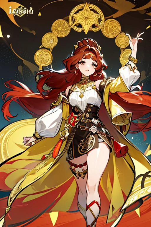 (Masterpiece: 1.5, best quality, high resolution: 1.3, super resolution, super detailed, ultra detailed: 1.3, rich background: 1.2, 1 woman)) brown skin + red hair + long fluffy hair + gray eyes + long eyelashes + no fringe + feminine body + defined figure + medium chest + wide hips + thick thighs (short wide dress, thick belt, high intricate sandals, fabric hanging from her shoulder to her hip, harness on her leg, tribal accessories, intricate details, pyro vision hanging from a thick necklace, inspiration from Venezuela) ((cheerful expression, holds her backpack, standing on her two legs, solar lighting trees in the background, traveling scholar) (colors of clothing and accessories: white, black, red, cream, gold )