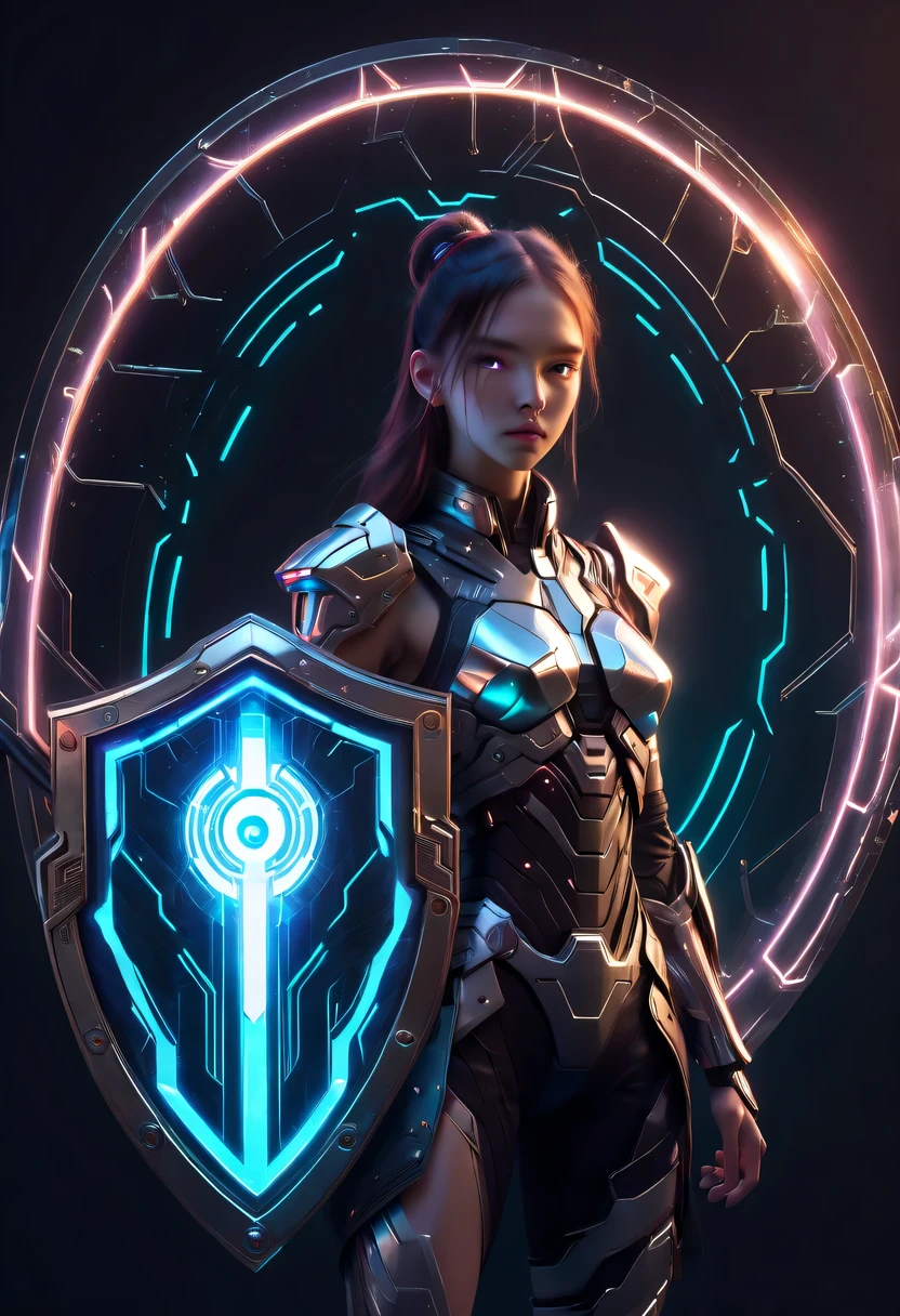 (Legendary Energy Light Shield:1.5)，Sci-fi transparent ethereal shield，Future girl holding a big shield，cyberpunk，Holographic projection，fault art，mechanical aesthetics，neon lights，laser light，fluorescence，glow effect，liquid metal，Copper plate engraving，Unreal Engine