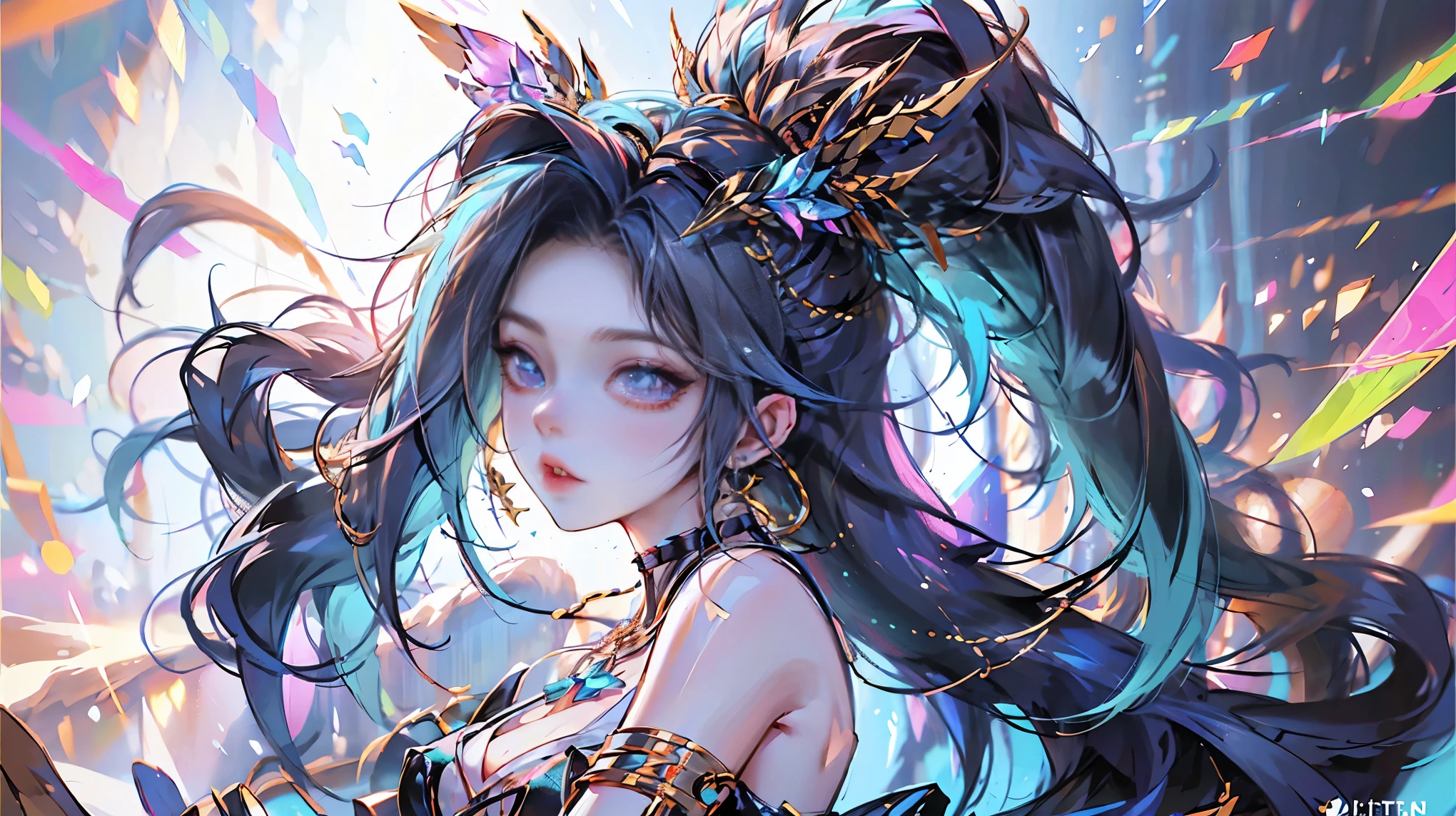 (masterpiece, top quality, best quality, official art, beautiful and aesthetic:1.2), (1girl:1.3, tight crop top leather suit), ((shy and looking at viewert)), (Perfect thick white eyebrows) Delicate fur, 详细s face, extremely detailed,(fractal art:1.2),colorful, highest detailed,(zentangle:1.2), (dynamic pose), (abstract background:1.5), (treditional dress:1.2), (shiny skin), (many colors:1.4), upper body