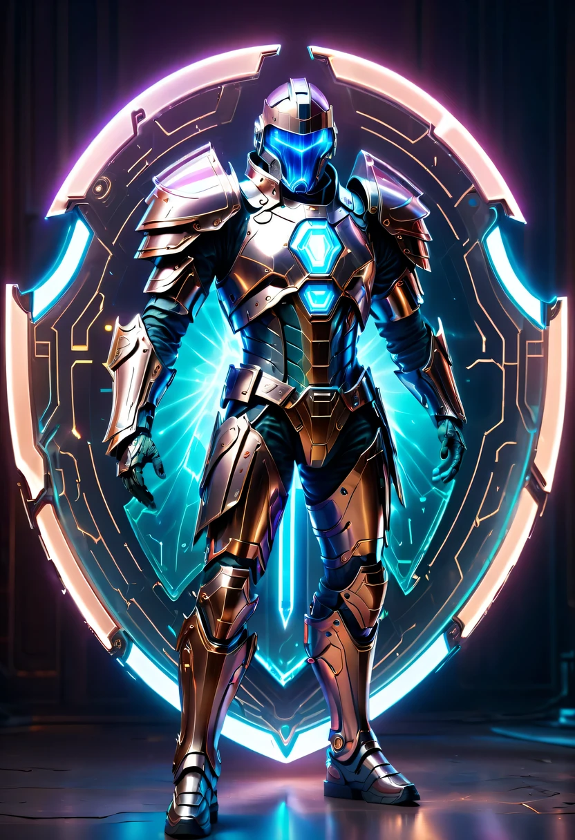 Medieval knight holding large shield，cyberpunk，Holographic projection，fault art，mechanical aesthetics，neon lights，laser light，fluorescence，glow effect，liquid metal，Copper plate engraving，Unreal Engine