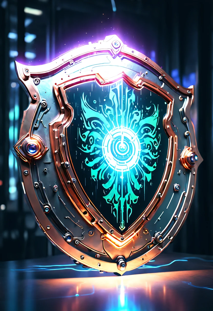 (Legendary Energy Light Shield:1.5),liquid metal,Copper plate engraving,Sci-fi transparent ethereal shield,cyberpunk,Holographic projection,mechanical aesthetics,neon lights,laser light,fluorescence,glow effect,liquid metal,Copper plate engraving,Unreal Engine,