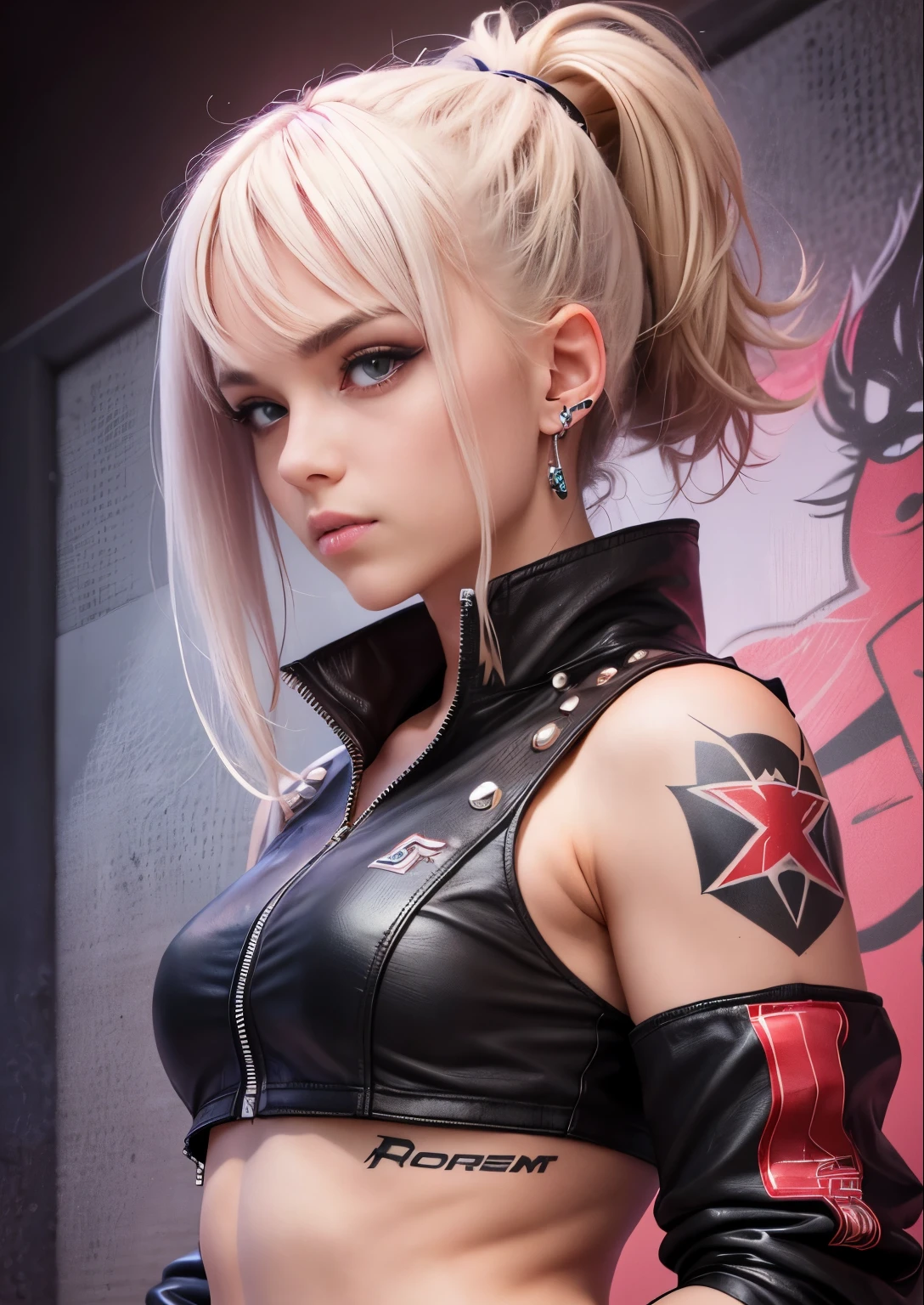 1 girl Assertive athlete, with amber eyes and platinum blonde spikes. Wears leather jackets, graphic tees, ripped jeans, and combat boots, a modern rebel. Discreet tattoos hint at her rebellious spirit, and short spiky hair adds to her bold appearance. Rei's piercing gaze and confident demeanor make her a formidable and intriguing character.