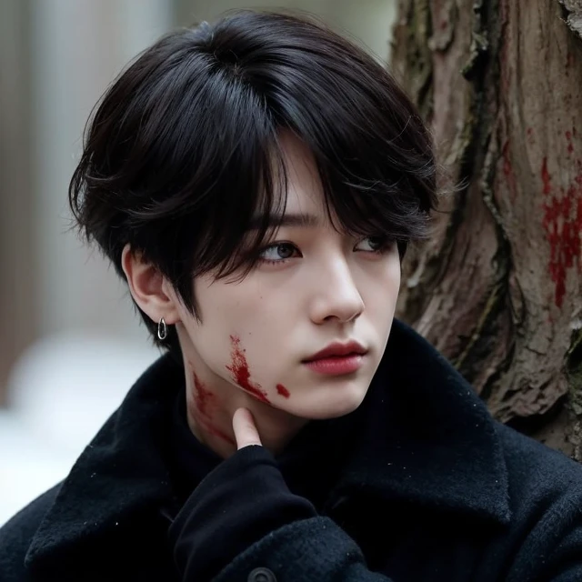 man with blood on his face leaning against a tree, Jungkook, cai xukun, his eyes are bleeding intense, Yoongi de cabelo preto, pintar ulzzang, adorable and pale korean face, Jinyoung Shin, taejune kim, he is very threatening and evil, menacing look, menino tem cabelo preto curto, your eyes are red and glowing
