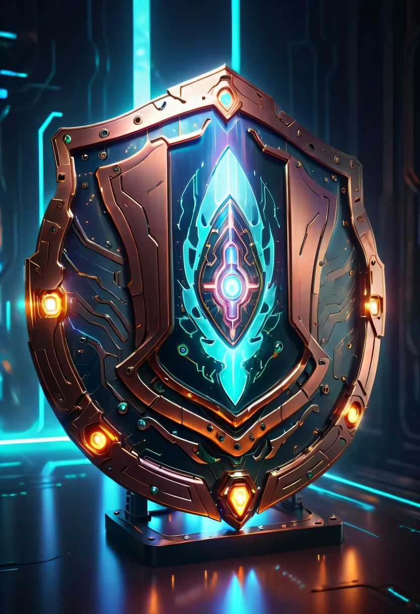 (Legendary Energy Light Shield:1.5),liquid metal,Copper plate engraving,Sci-fi transparent ethereal shield,cyberpunk,Holographic projection,mechanical aesthetics,neon lights,laser light,fluorescence,glow effect,liquid metal,Copper plate engraving,Unreal Engine,