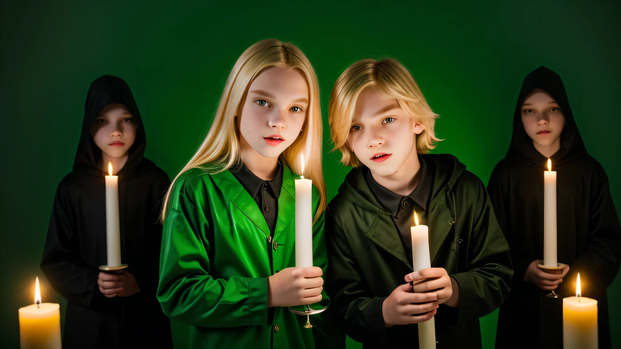 KIDS MAN vampire blonde green clothes. and candles, green light candles., GREEN BACKGROUND banished of sin