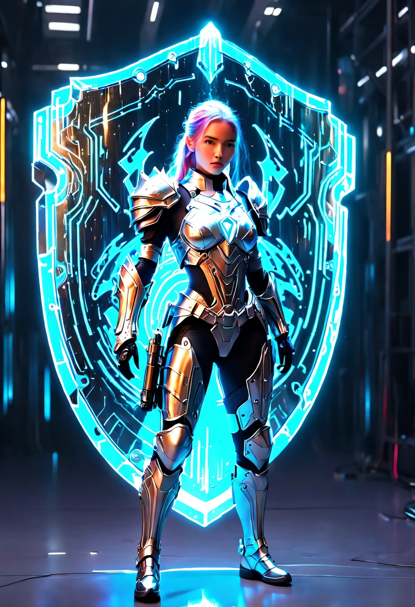 Medieval knight holding large shield，cyberpunk，Holographic projection，fault art，mechanical aesthetics，neon lights，laser light，fluorescence，glow effect，liquid metal，Copper plate engraving，Unreal Engine