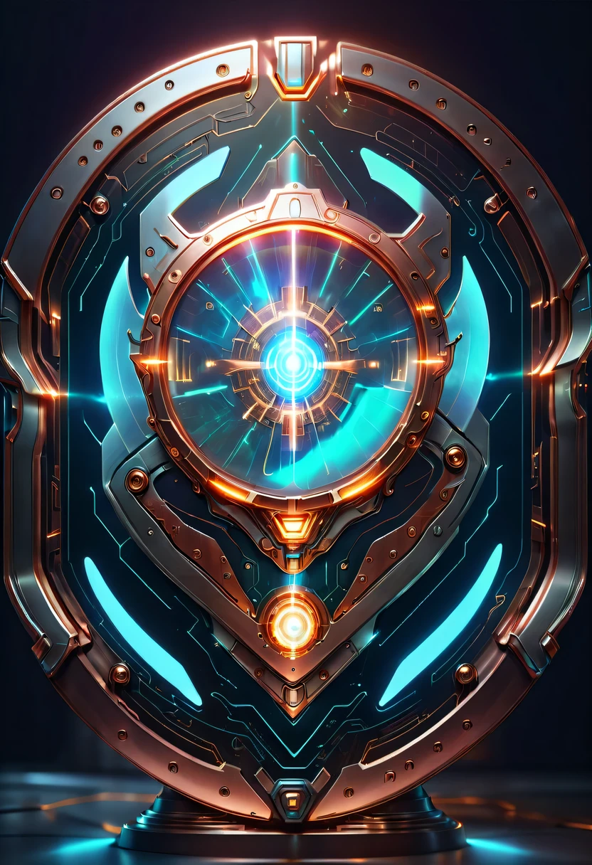 (Legendary Energy Light Shield:1.5)，liquid metal，Copper plate engraving，Sci-fi transparent ethereal shield，cyberpunk，Holographic projection，mechanical aesthetics，neon lights，laser light，fluorescence，glow effect，liquid metal，Copper plate engraving，Unreal Engine,