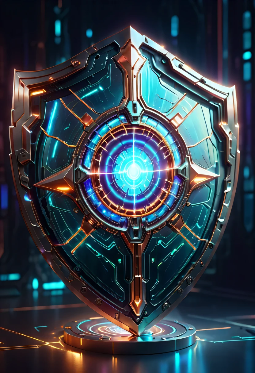 (Legendary Energy Light Shield:1.5),liquid metal,Copper plate engraving,Sci-fi transparent ethereal shield,cyberpunk,Holographic projection,mechanical aesthetics,neon lights,laser light,fluorescence,glow effect,liquid metal,Copper plate engraving,Unreal Engine,