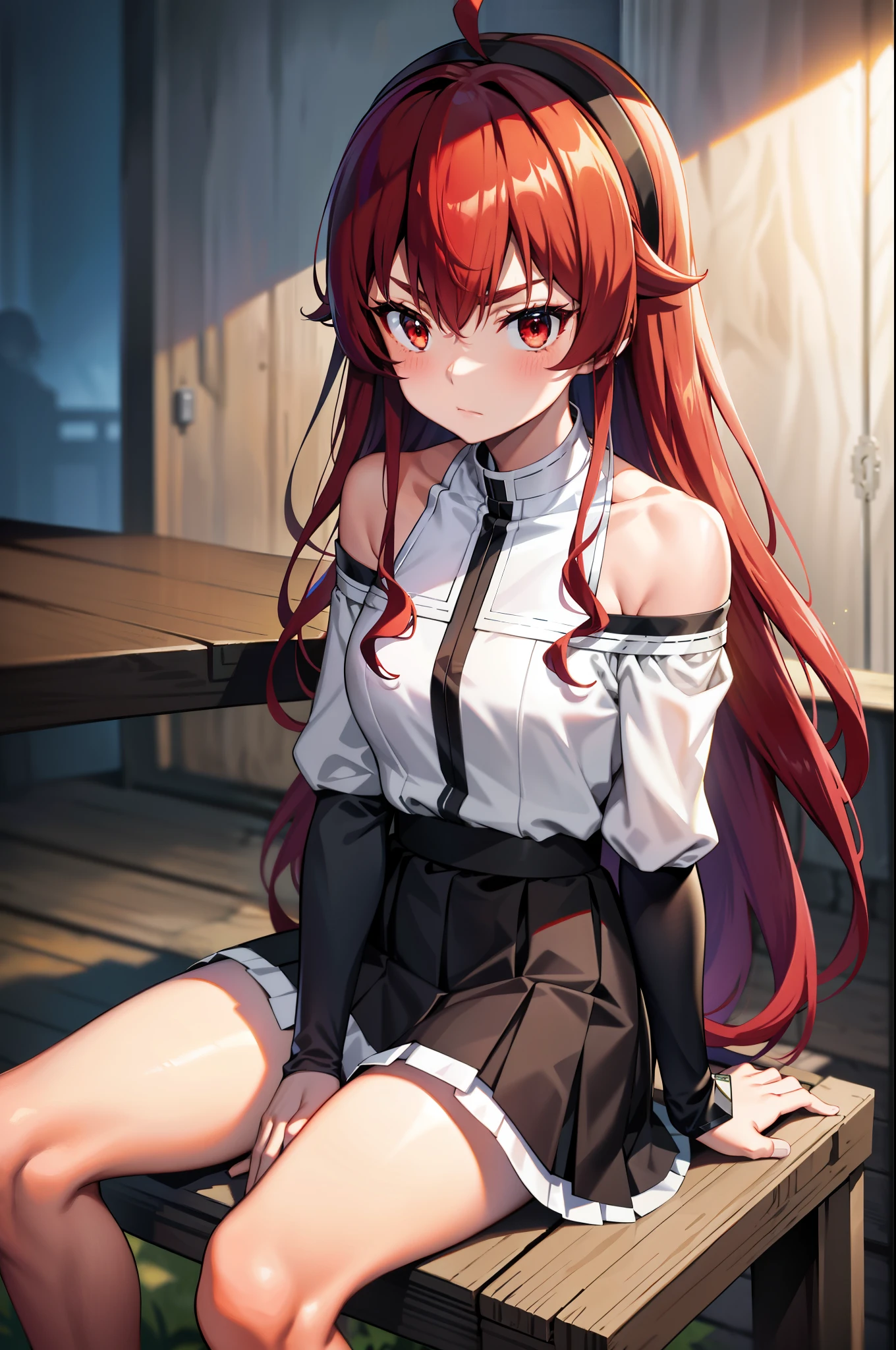 Eris Greyrat, (1 girl:1.3), solo, Ahoge, bangs, bare shoulders, black hair band, closed mouth, clothing clippings, white clothes, sit on a chair, (hand between legs:1.2), hair between eyes, hair band, long hair, long sleeve, looking at the viewer, red eyes, redhead, shoulder cutout, Background of the mansion, ruffle skirt, (Skirt below the knee:1.3), alone, High resolution, Harm, mushoku tensei, cowboy shot