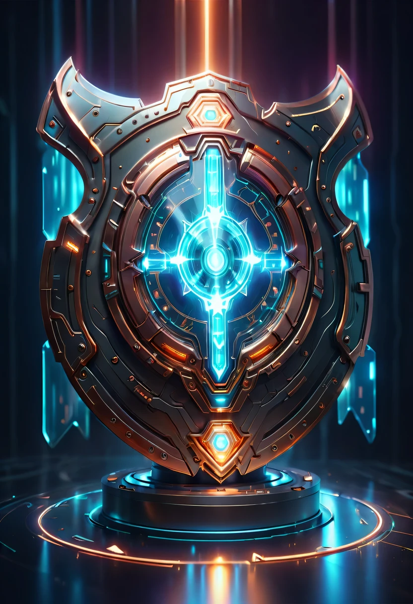 (Legendary Energy Light Shield:1.5),liquid metal,Copper plate engraving,Sci-fi transparent ethereal shield,cyberpunk,Holographic projection,mechanical aesthetics,neon lights,laser light,fluorescence,glow effect,liquid metal,Copper plate engraving,Unreal Engine,