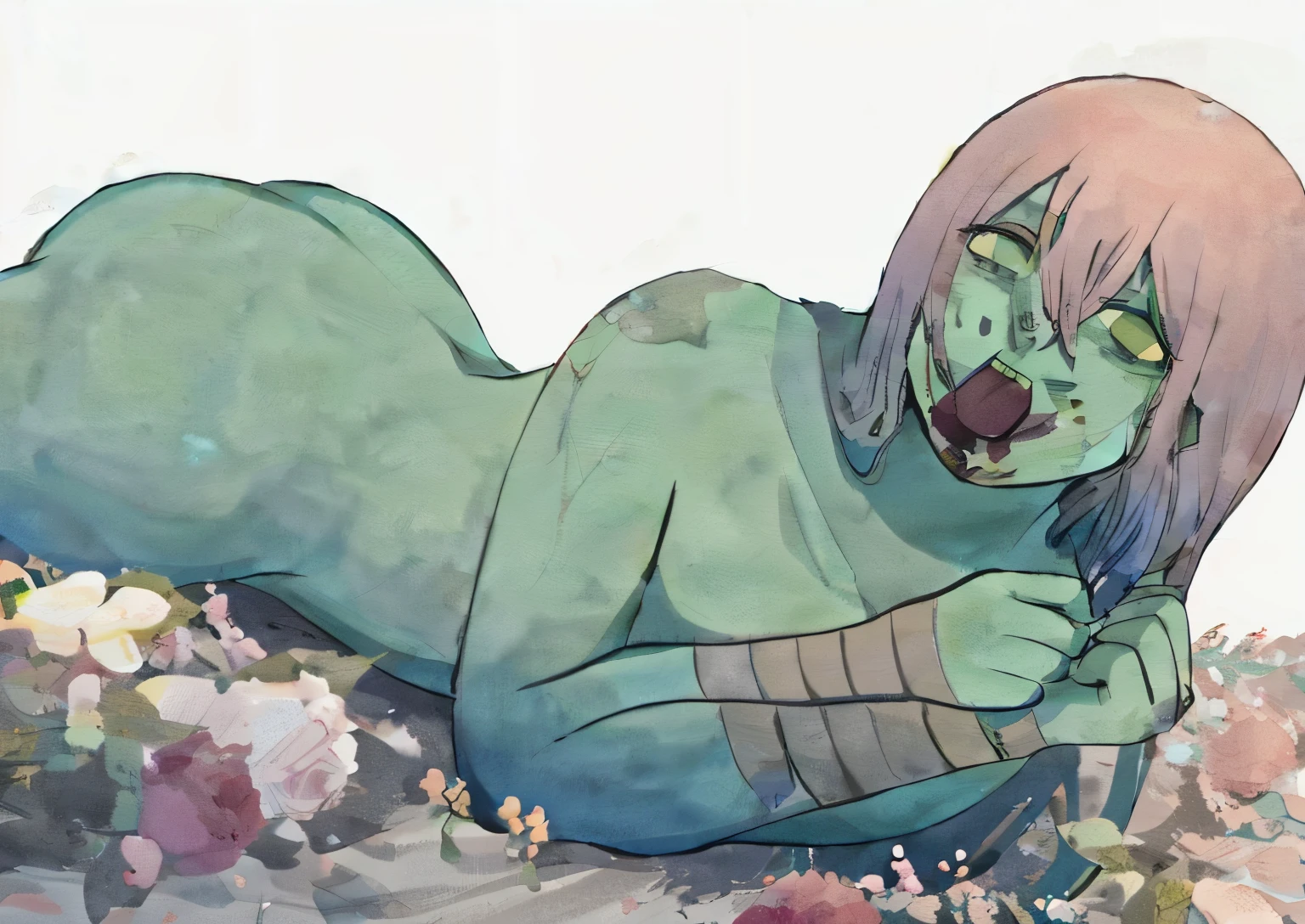 anime character lying on the floor with a flower in his hand, lazy and wlop, commission for high resolution, the non-binary deity of spring, arte detalhada, por Shingei, our species, deitado sobre rosas, lazy |, inspirado em Yanagawa Shigenobu, humanoides cobertos de flores, por Kamagurka