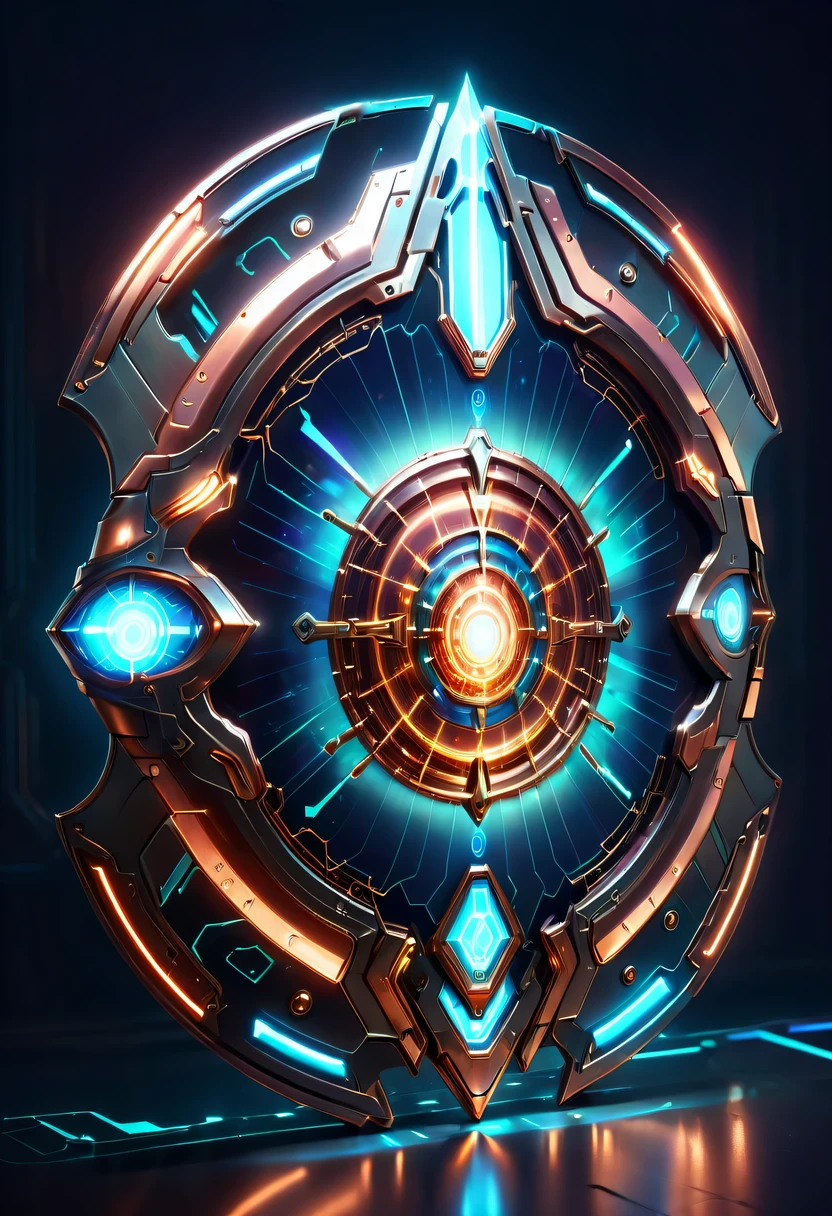 (Legendary Energy Light Shield:1.5),liquid metal,Copper plate engraving,Sci-fi transparent ethereal shield,cyberpunk,Holographic projection,mechanical aesthetics,neon lights,laser light,fluorescence,glow effect,liquid metal,Copper plate engraving,Unreal Engine,