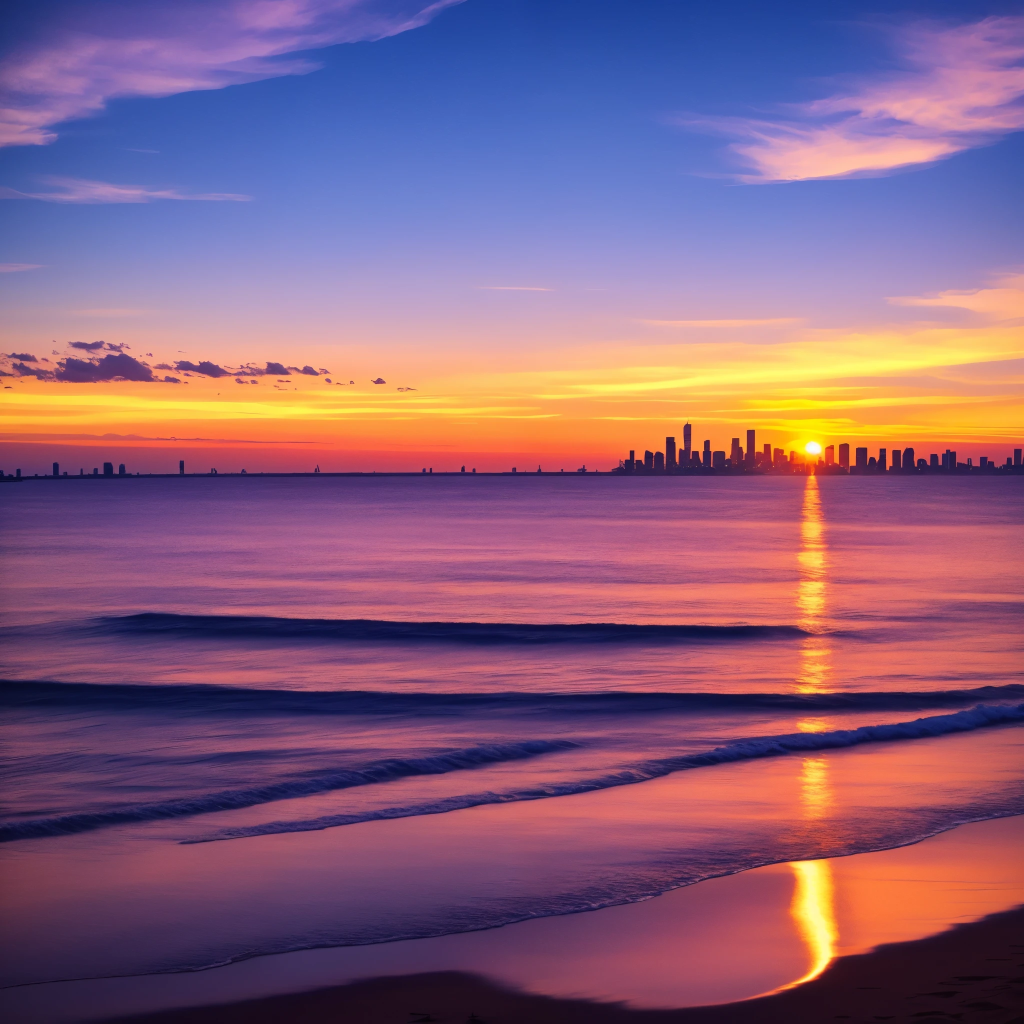 Most beautiful sunset in the city. A lot of tall skyscrapers and buildings with a reflection of the Sun and the sky. Beautiful surreal colors, a lot of details, purple sky, Vice City vibe, 8k, ultra-realistic, best-quality, HDR photography, high quality, 4k, Beautiful wallpaper, Magnificent background, A mystical environment, the sunset, sunrise light, Beautiful scenery, gorgeous scenery, beautiful sea landscapes, Stunning scenery, Australian beaches, breath-taking, vibrant sunrise, amazing background